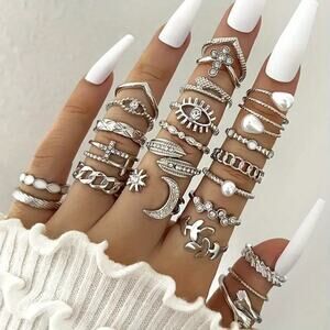NEW 23pc Silver Stackable Rings – Cross, Celestial ring, Sun & moon jewelry